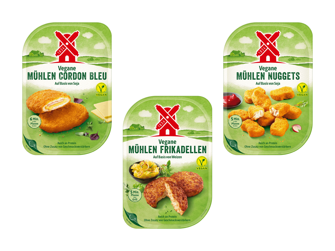 Drei Packungen vegane Fertiggerichte: Cordon Bleu, Frikadellen und Nuggets.