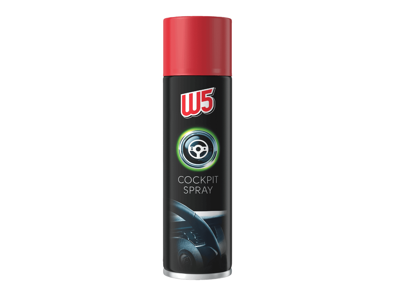 Auton kojelaudan puhdistusspray punaisella korkilla mustassa taustassa.
