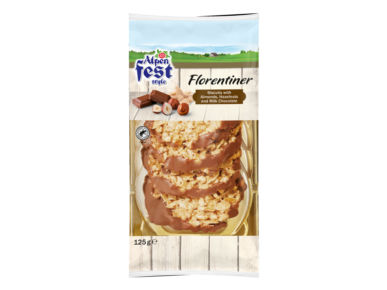 Alpenfest Florentiner koekjes met amandelen, hazelnoten en melkchocolade, 125g.