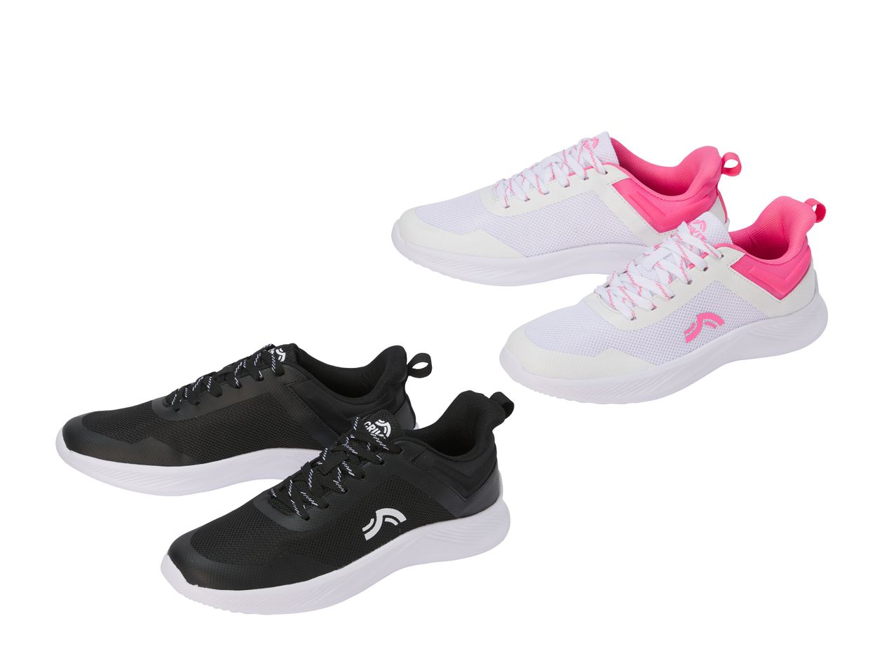 Zwei Paar Sportschuhe: ein Paar in Weiß und Pink, ein Paar in Schwarz und Weiß.