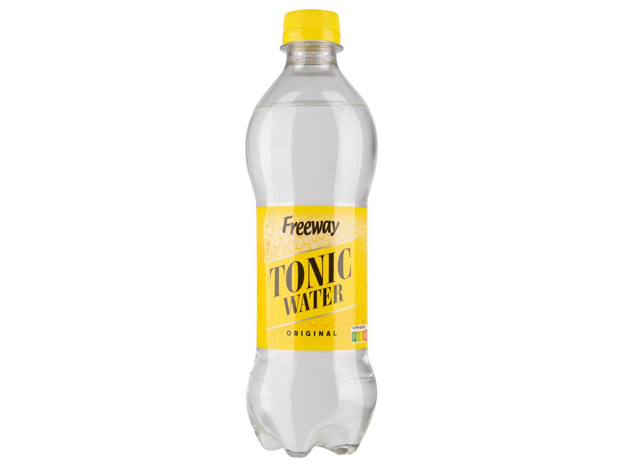 Freeway Tonic Water Original üdítőital egy átlátszó palackban, sárga címkével és kupakkal.