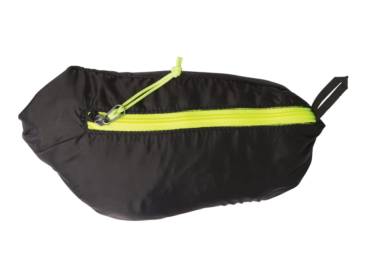 Black fanny pack with a bright green zipper and cord