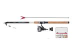 Fishing rod set with reel, line, weights, and tackle box.