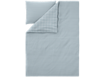 Livarno Microfibre Satin Bedlinen with light blue horizontal stripes and a grid pattern.