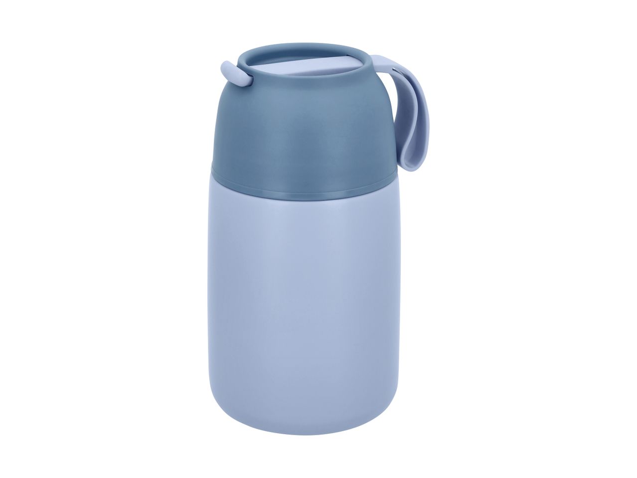 Light blue thermos bottle with a darker blue lid and handle