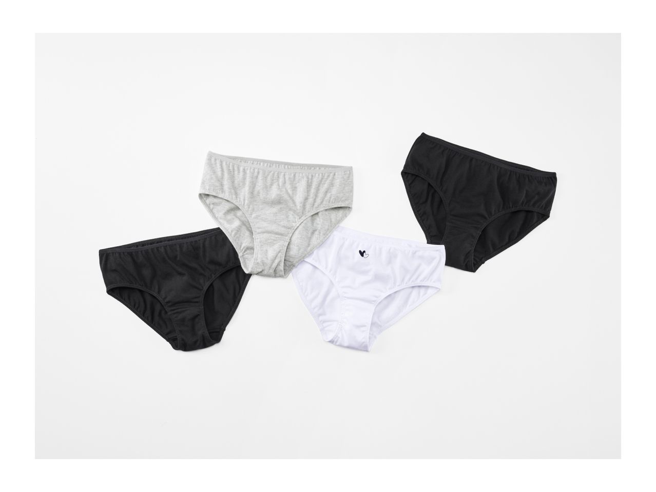 Four pairs of women's briefs in black, white, and grey