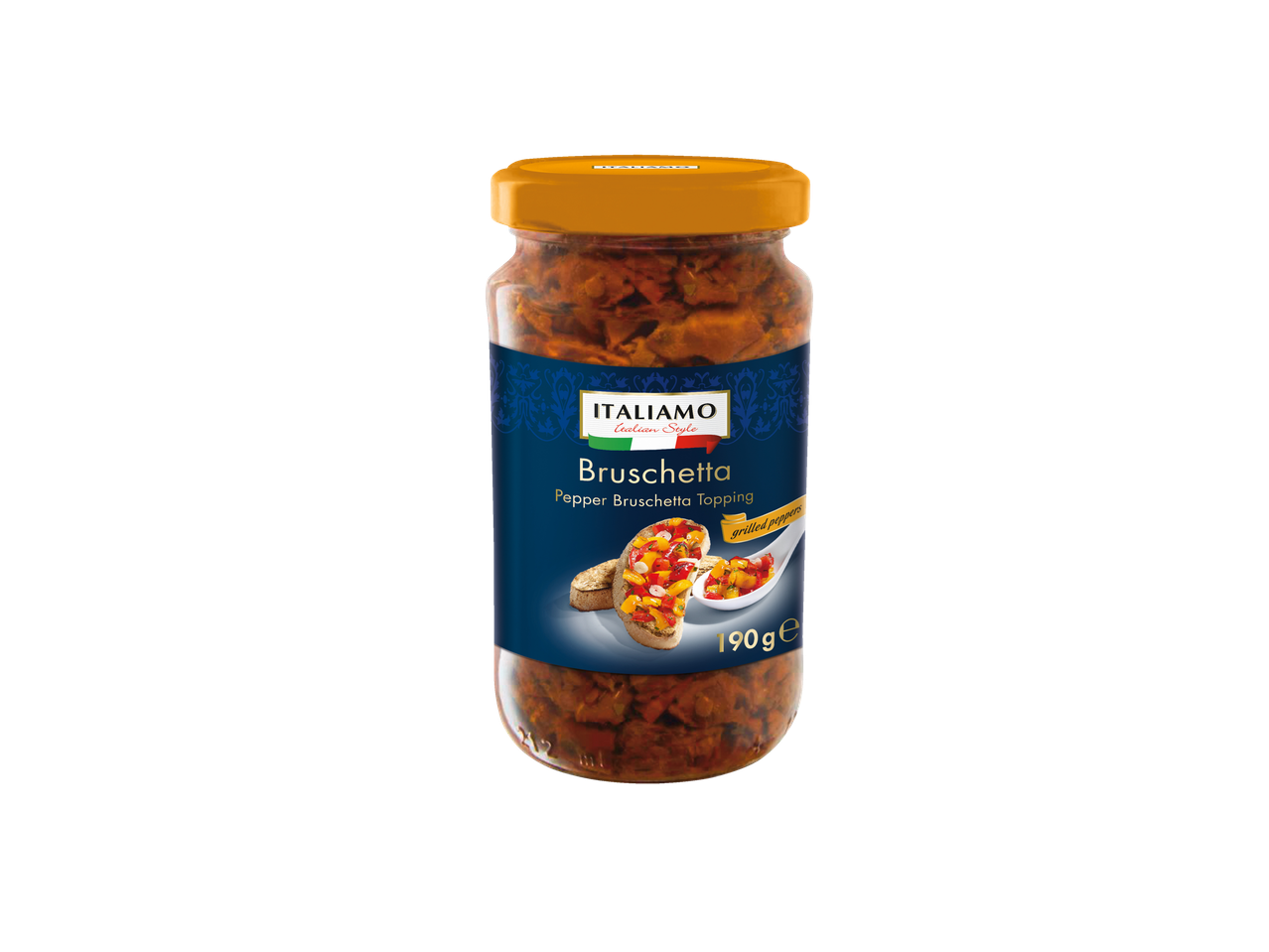 Un borcan de topping Italian Bruschetta cu ardei și ardei grași la grătar.