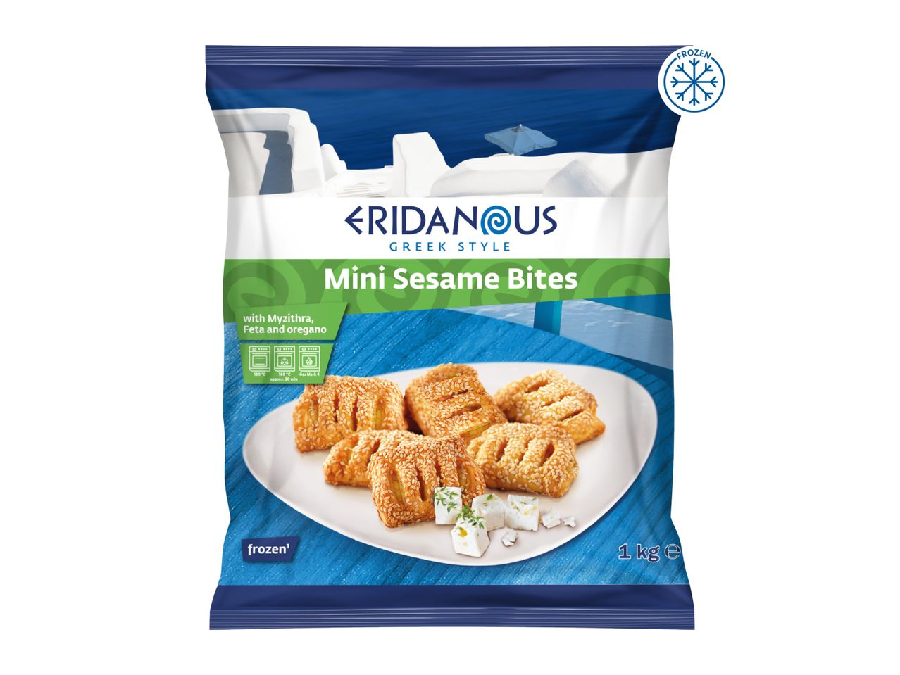 Eridanous Greek Style Mini Sesame Bites with Myzithra, Feta and oregano, 1kg frozen.
