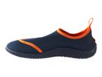 Dark blue and orange water shoe with a textured sole, side view.