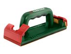 Green sanding block with red clamps and sandpaper