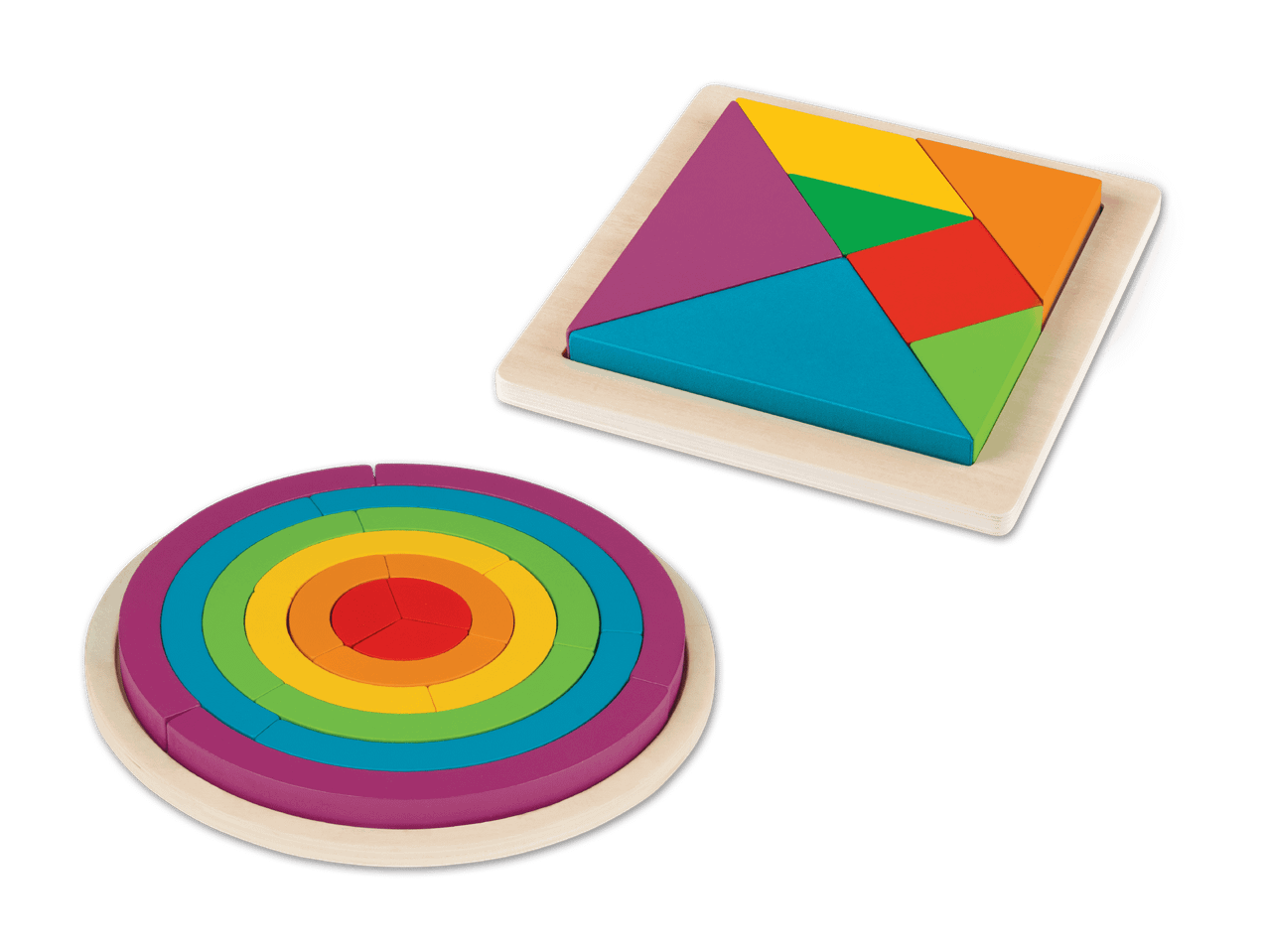 Zwei Holzpuzzles: ein quadratisches Tangram und ein rundes Regenbogen-Schichtenpuzzle