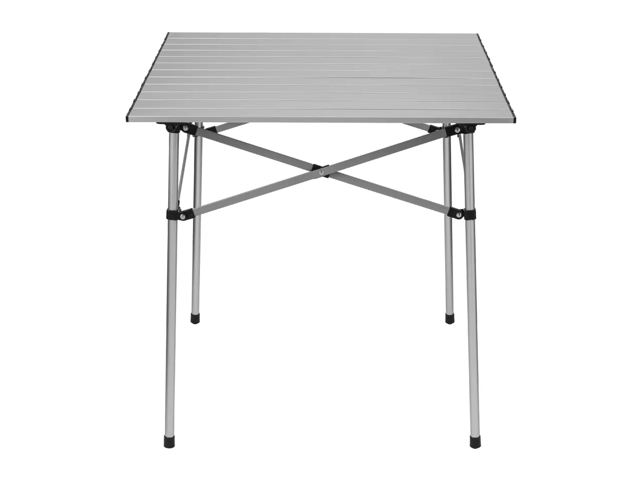 A silver aluminum folding table with a slatted top and black feet.