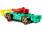 Carro de brinquedo Hot Wheels em verde, vermelho e amarelo.