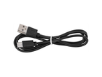 Черен USB кабел за зареждане и пренос на данни, навит и завързан с бяла връзка.
