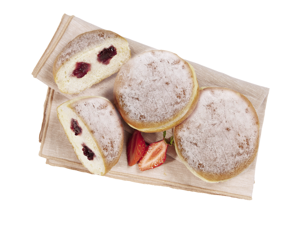 Trois beignets fourrés à la confiture et saupoudrés de sucre glace, accompagnés de fraises.