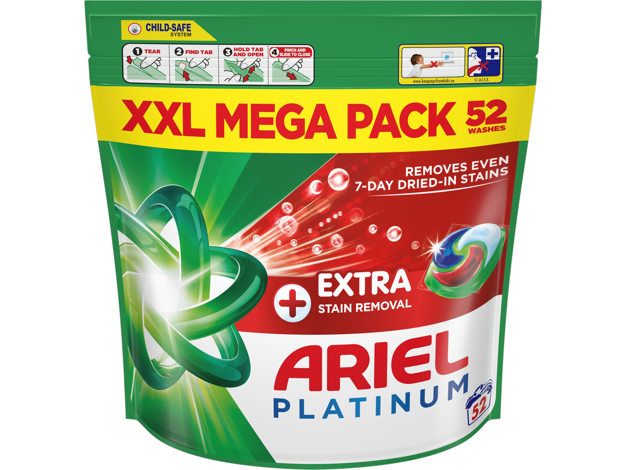 Ariel Platinum XXL Mega Pack laundry detergent with child-safe system and stain removal.