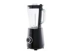Black blender with a glass jug and a silver control knob on a white background.
