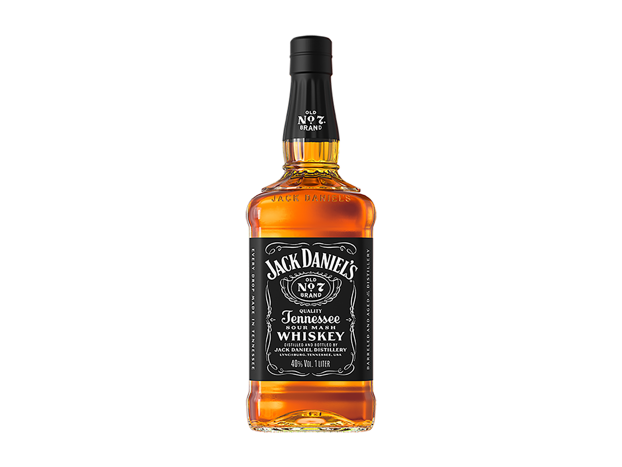Egy literes, klasszikus fekete címkés Tennessee whiskey üvegben.