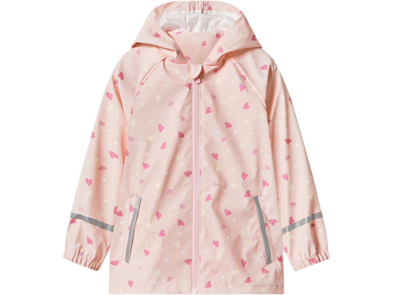 Rozā bērnu lietus jaka ar sirsniņu un punktiņu rakstu, kapuci, rāvējslēdzēju un atstarojošām detaļām.