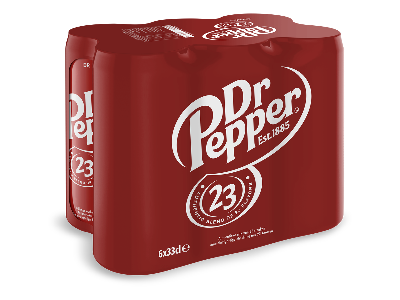 Een 6-pack van frisdrankblikjes met de tekst 'Authentic blend of 23 flavors'.