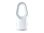 White bladeless fan with a light blue inner ring and control buttons on the front.