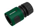 Green and black garden hose connector with textured grip and ribbed end.