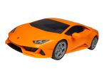 Orange toy sports car with black windows and silver wheels