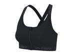 Black sports bra with a front zipper and criss-cross straps, featuring a logo on the band.