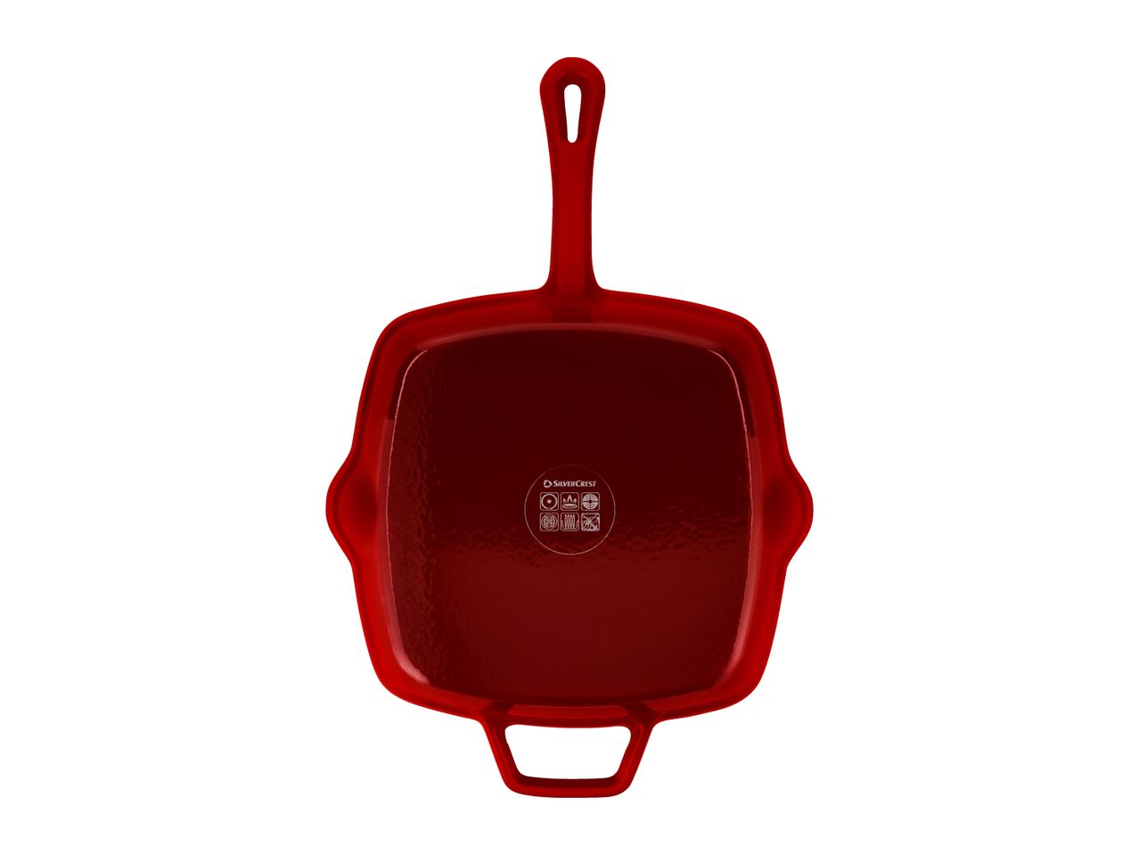Red square grill pan with a handle, showing cooking compatibility symbols on the bottom.