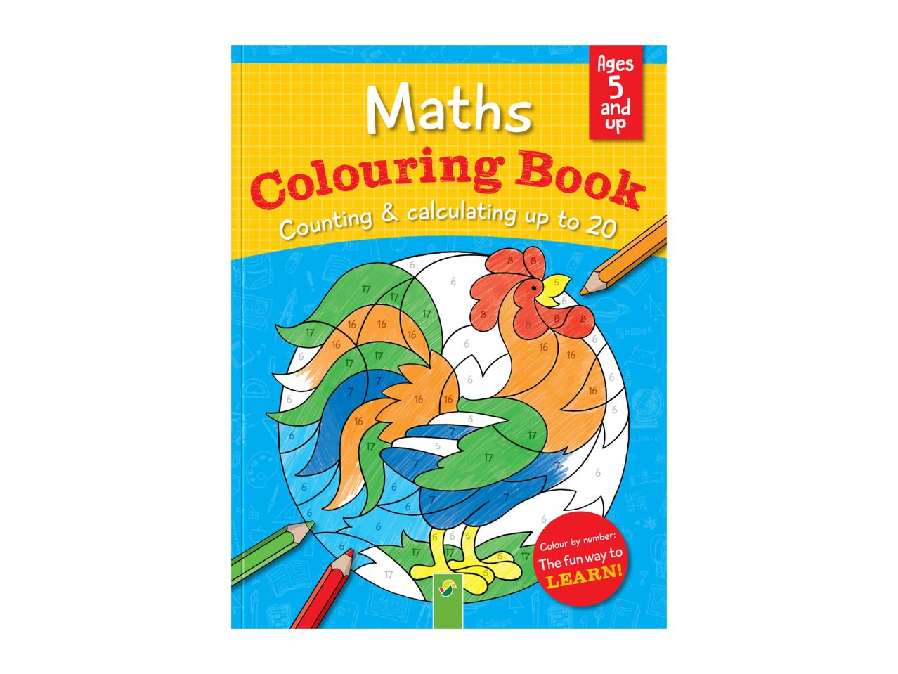 Maths Colouring Book for ages 5 and up, featuring a rooster color-by-number activity.
