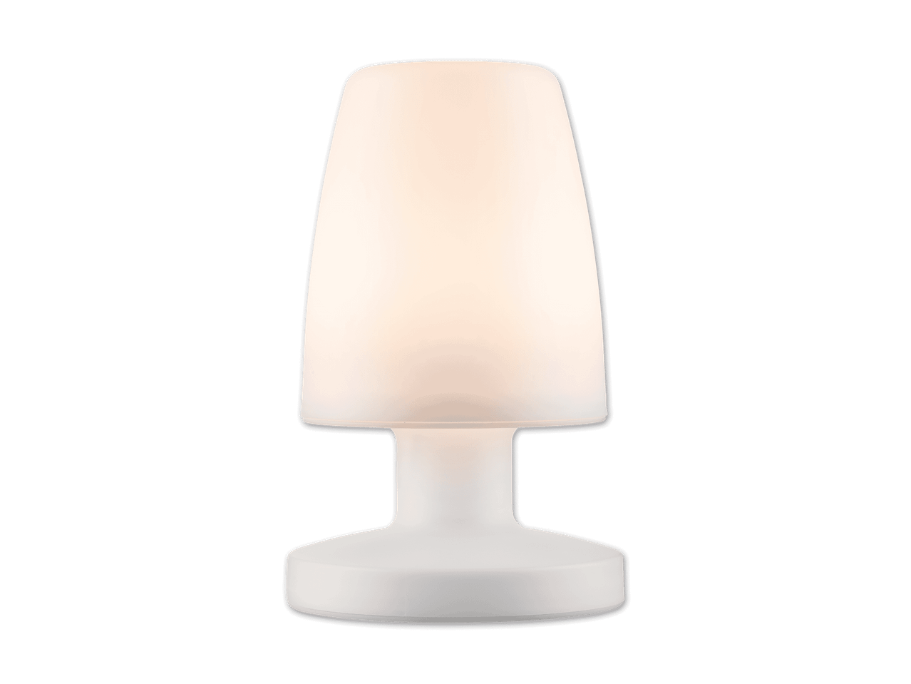 Eine weiße Tischlampe in Pilzform.