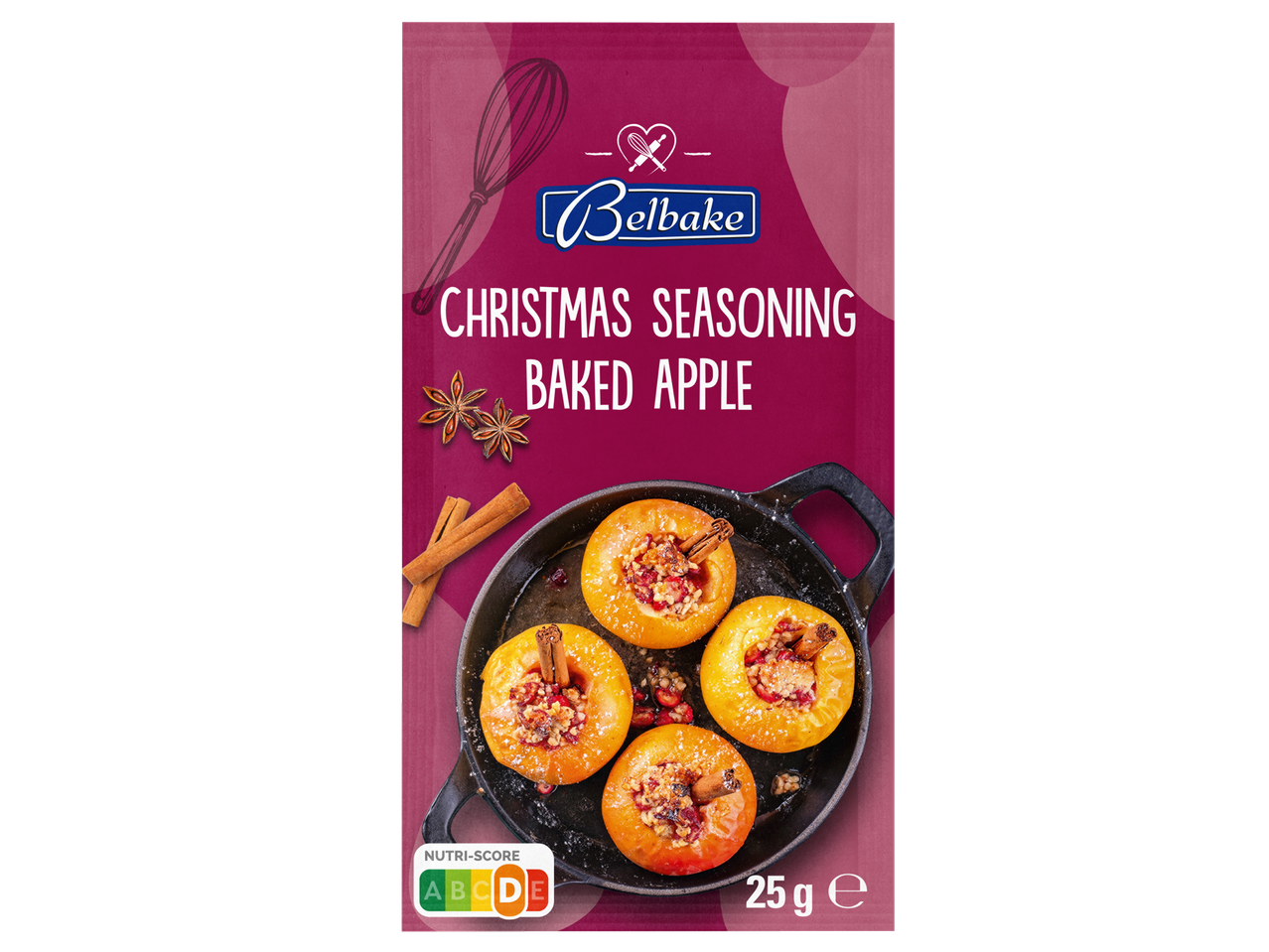 Belbake Ziemassvētku garšviela Cepti āboli, 25g, ar Nutri-Score A līdz E.