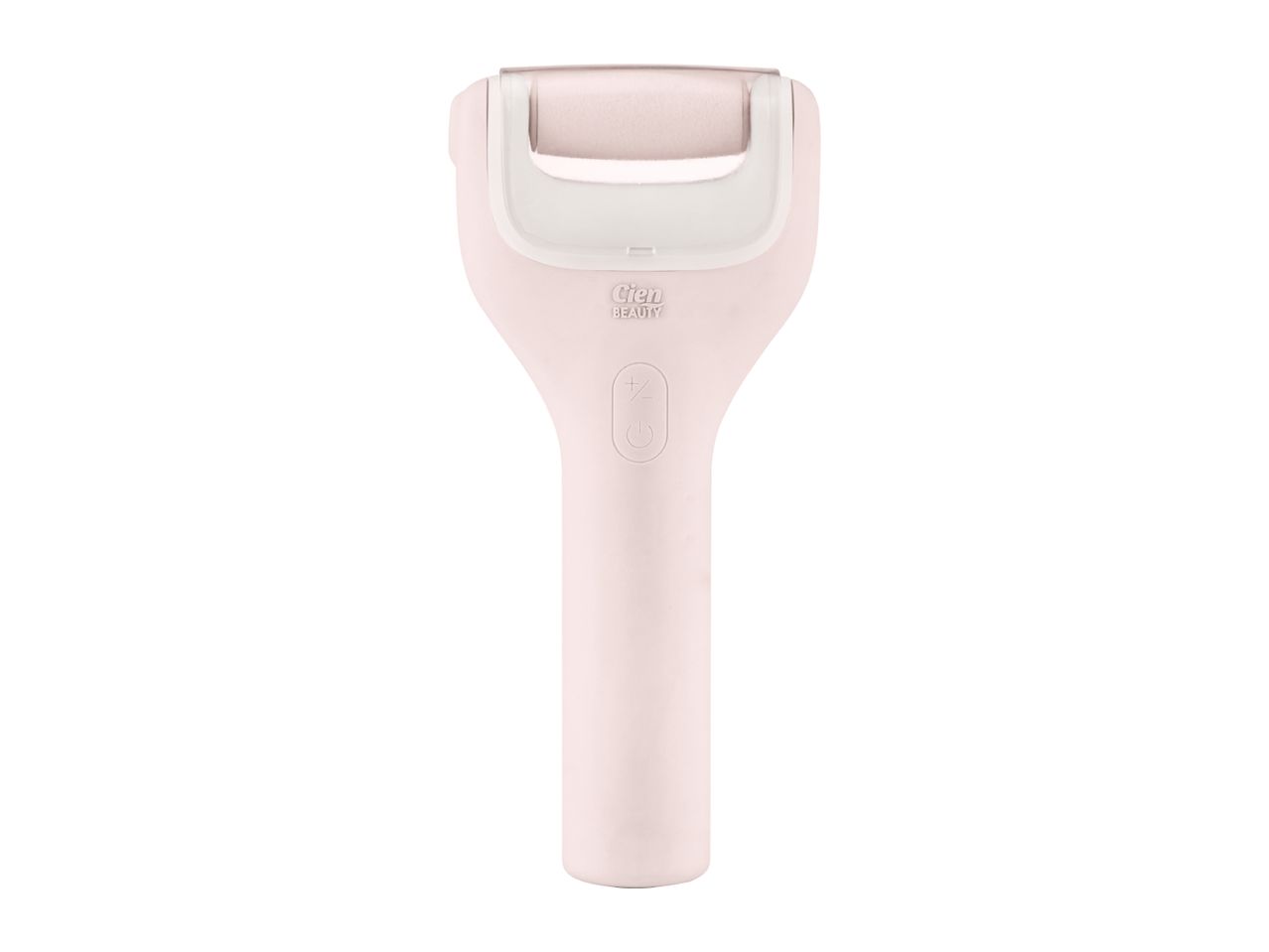 Pink electric foot file with a roller head and control buttons.