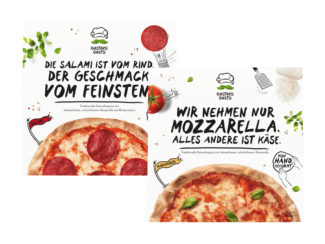 Gustavo Gusto präsentiert zwei Steinofenpizzen: Salami und Margherita.