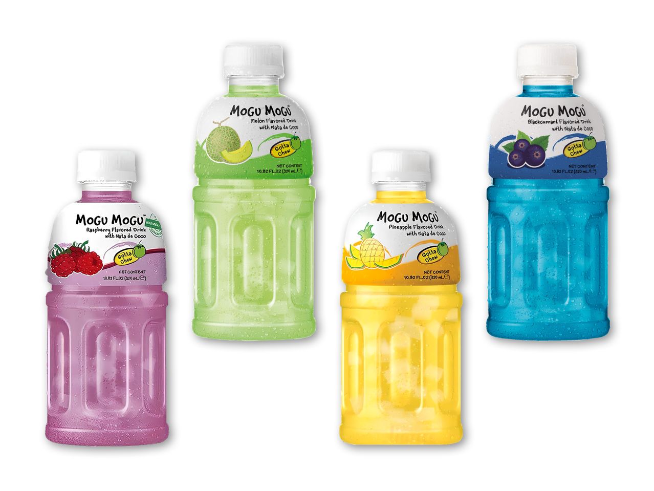 Fire farverige frugtdrikke med nata de coco: hindbær, melon, ananas og solbær.