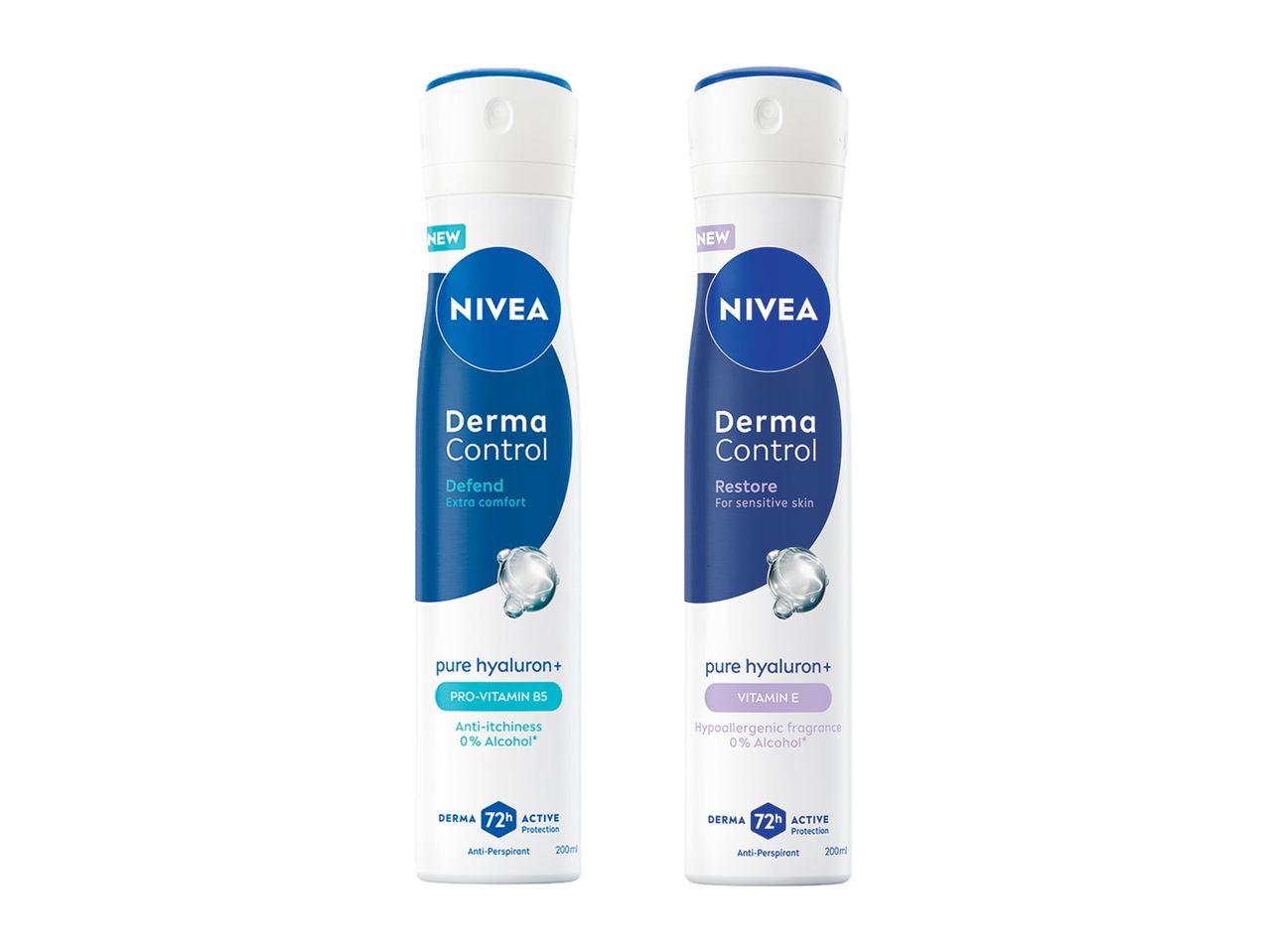 Două deodorante Nivea Derma Control, unul pentru confort sporit și celălalt pentru piele sensibilă.