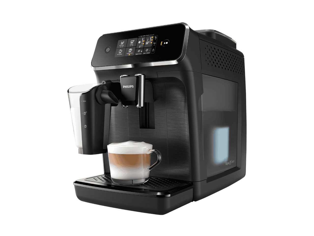 Machine à café Philips avec écran numérique et tasse de cappuccino.