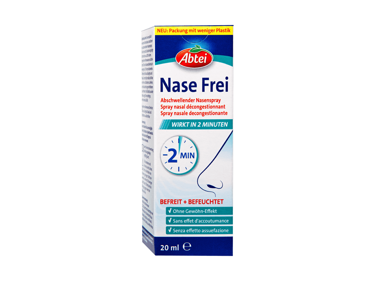 Spray nasal décongestionnant Abtei Nase Frei agissant en 2 minutes.