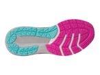 Underside of a running shoe with a pink and teal sole pattern.