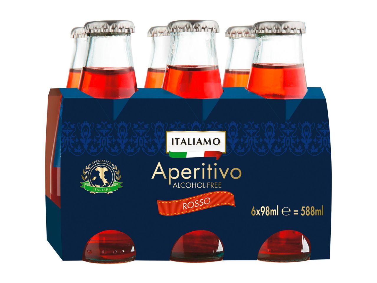 Italiamo Aperitivo Rosso, a 6-pack of alcohol-free red aperitif bottles.