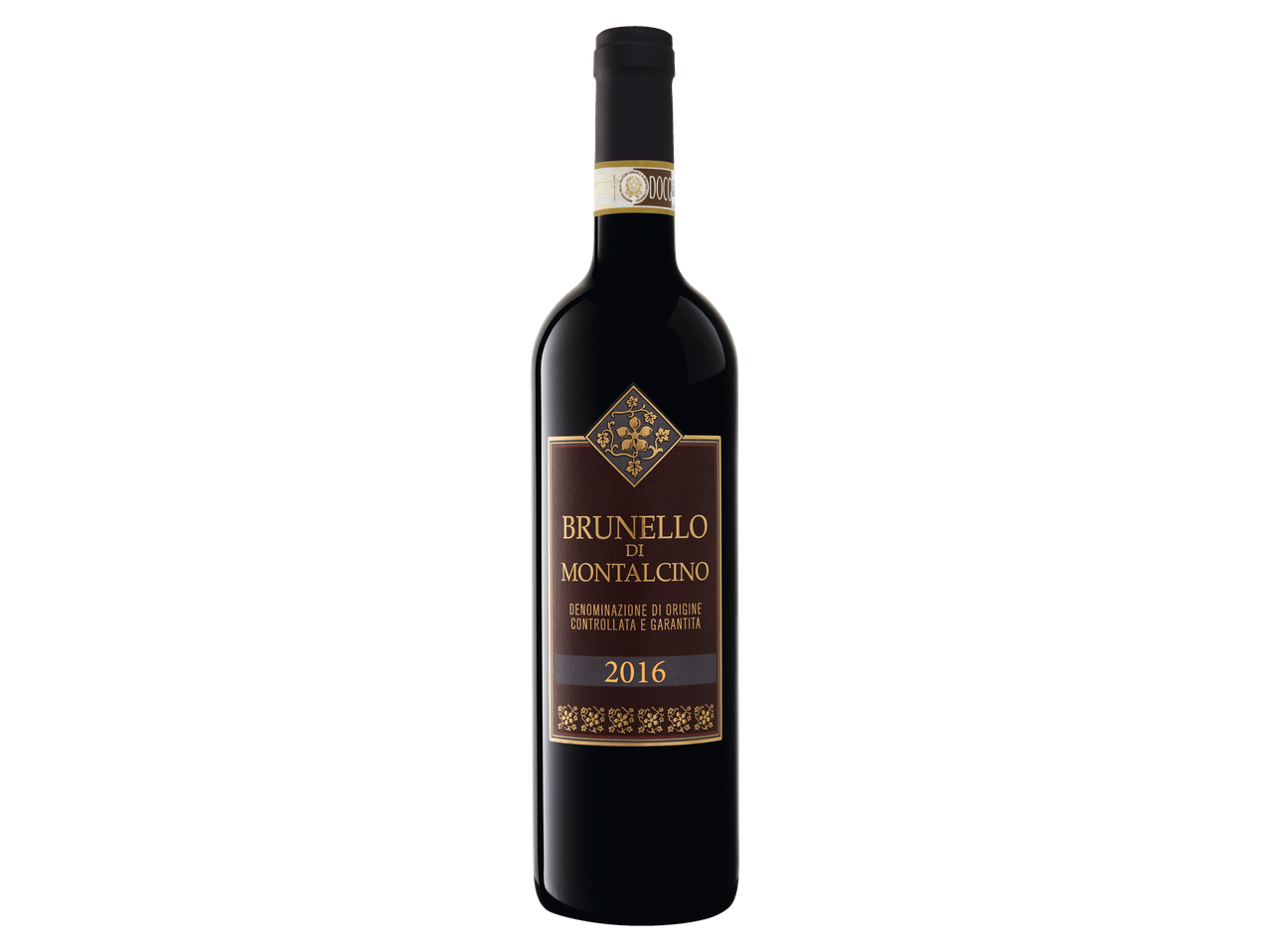 Fles rode wijn Brunello di Montalcino 2016 op een zwarte achtergrond.