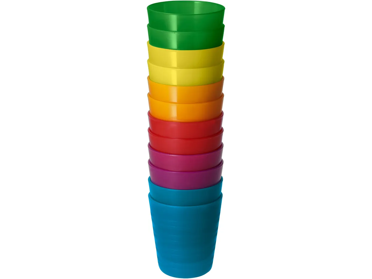 A stack of colorful plastic cups in a rainbow pattern.