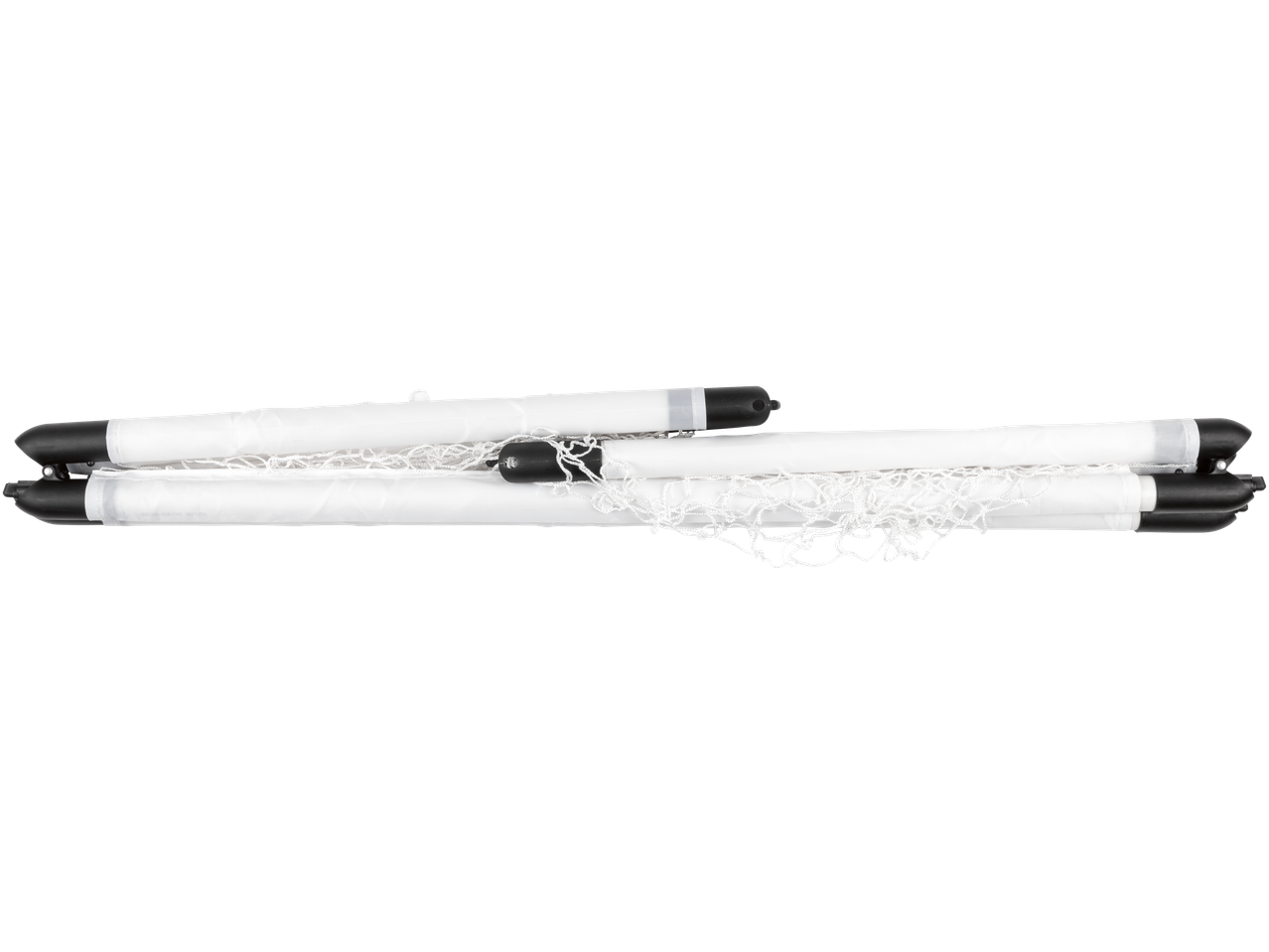 CRIVIT Folding Football Goal, white poles and net, folded for storage.