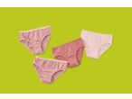 Three pairs of lupilu® kids' briefs in pink, two striped and one solid.