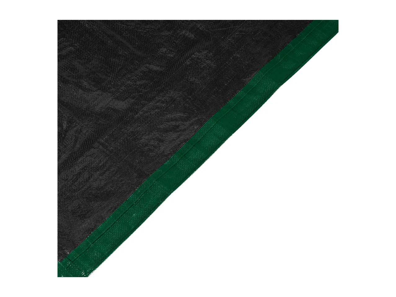 Close-up of a black woven fabric with a green border, possibly a tarp or ground cover.