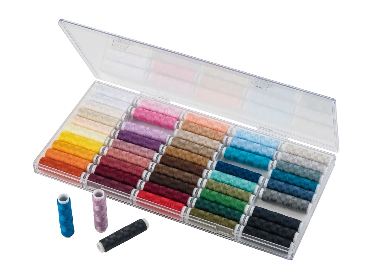 Sewing thread set in a transparent plastic storage box