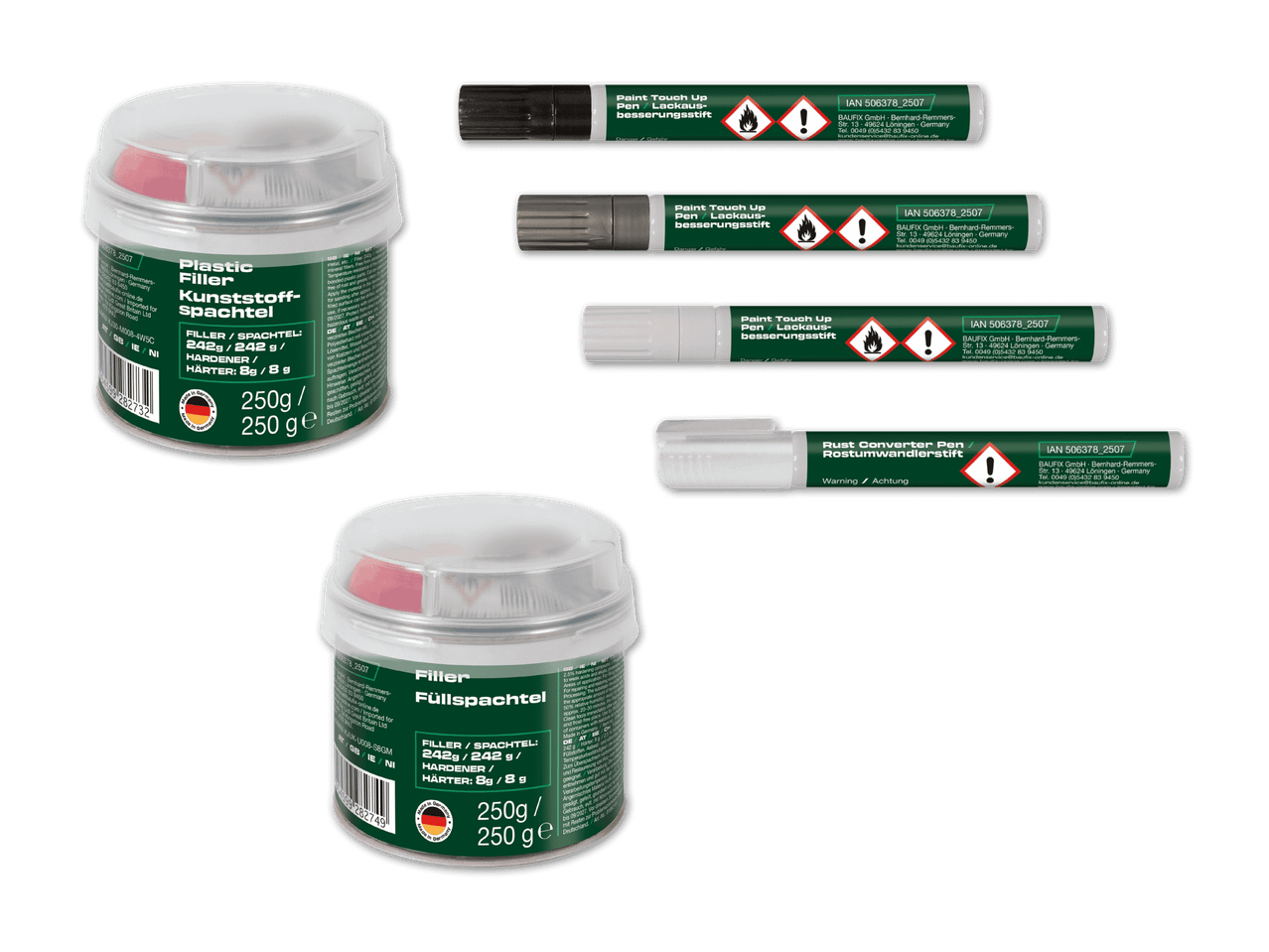 Zwei Dosen Kunststoffspachtel und vier Lackstifte, darunter Rostumwandler, für Reparaturen.