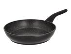 Black frying pan with a speckled non-stick coating and a black handle.
