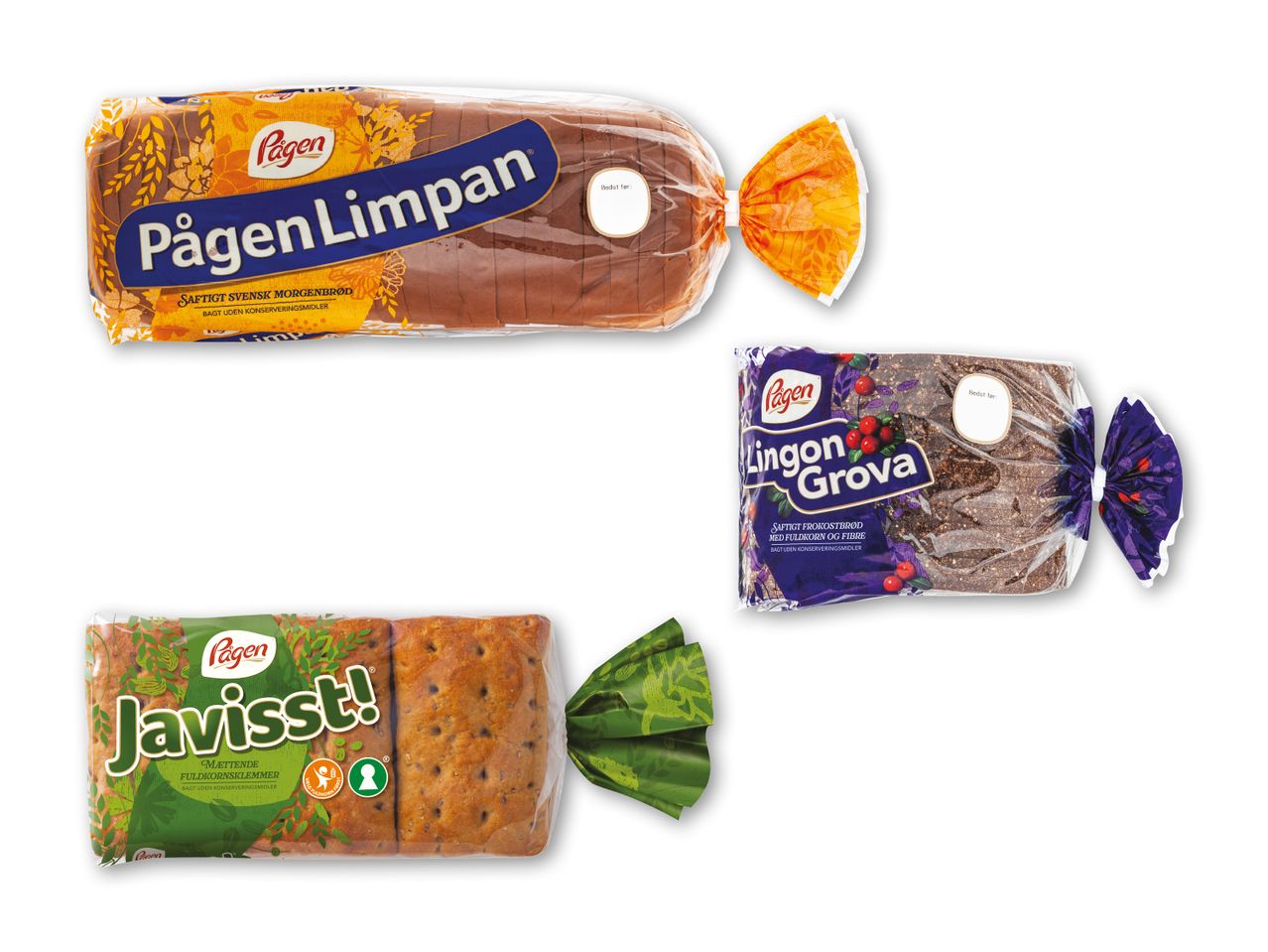 Pågens brød: Limpan, Javisst! og Lingon Grova, tre forskellige typer brød i plastikemballage.