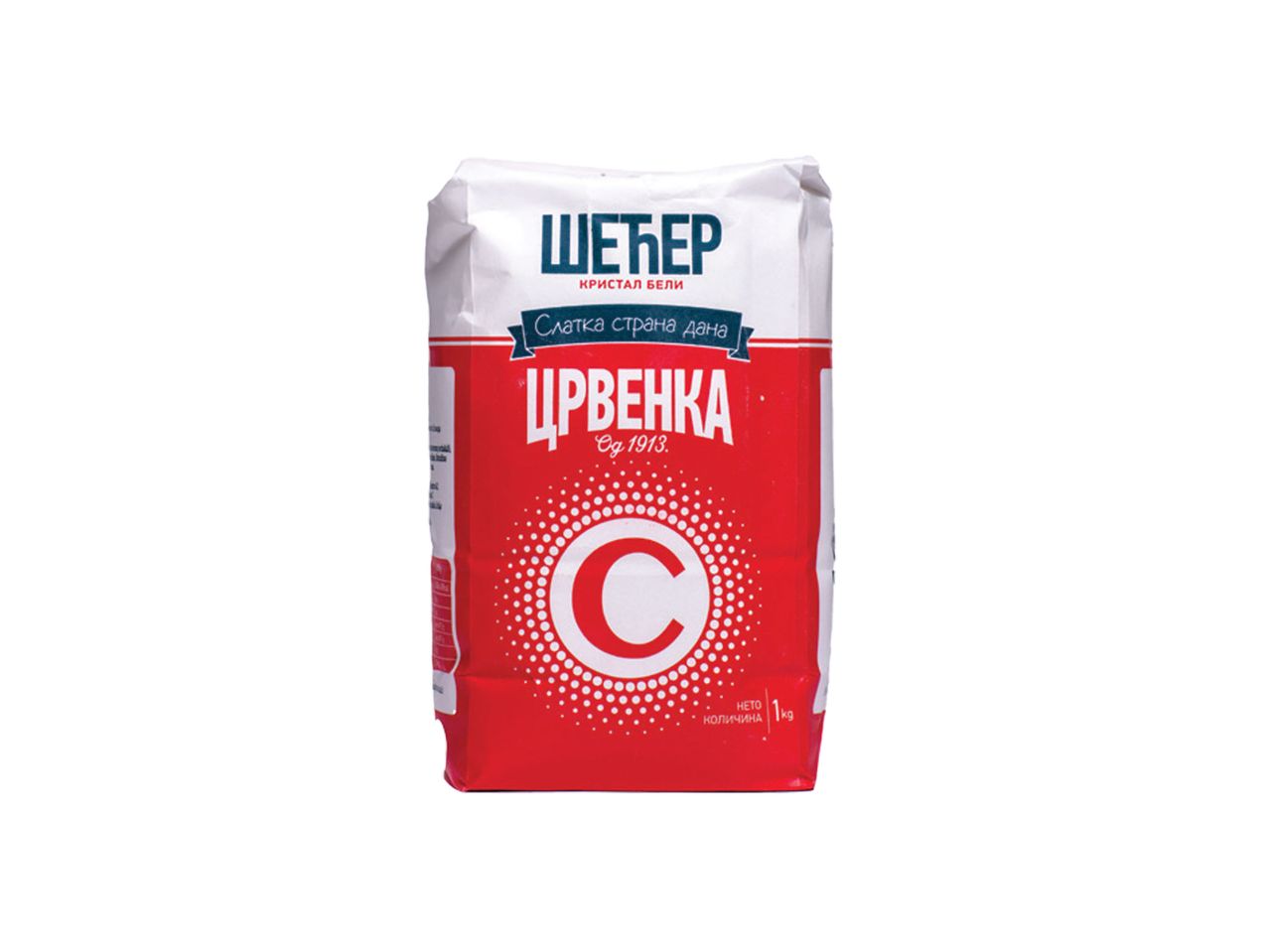 Crvenka šećer u belo-crvenom pakovanju sa natpisom „Šećer kristal beli“ i „Slatka strana dana“.